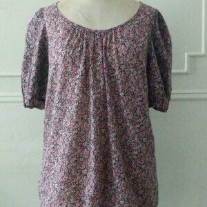 Promod Sz 8 Ditsy Floral Smocked Puff Princess Sleeve Scoop Neck Gathered Ruffle